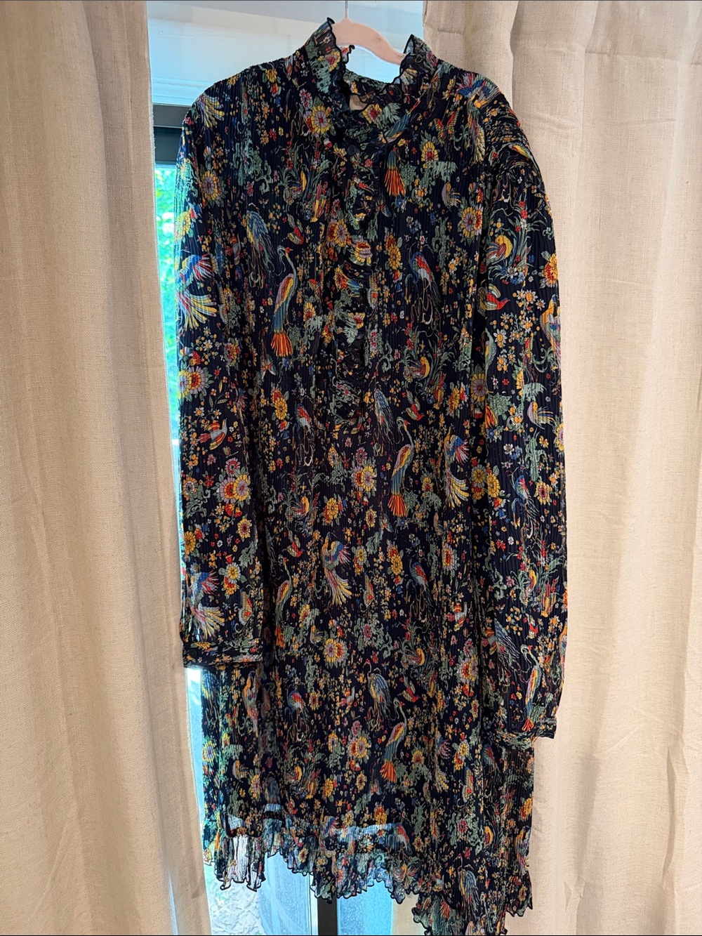 Tory Burch Navy Floral Ruffle-Neck Long Sleeve Dress